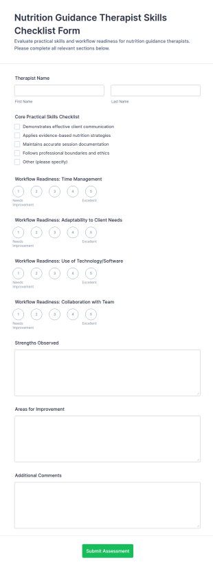 Nutrition Guidance Therapist Skills Checklist Form Template