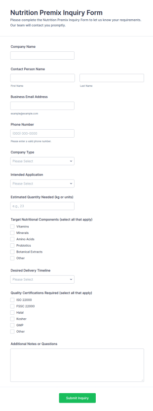 Nutrition Premix Inquiry Form Template