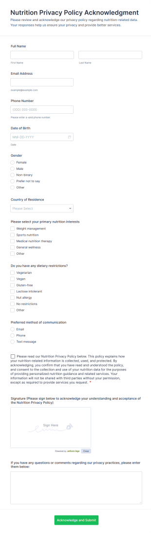 Nutrition Privacy Policy Acknowledgment Form Template