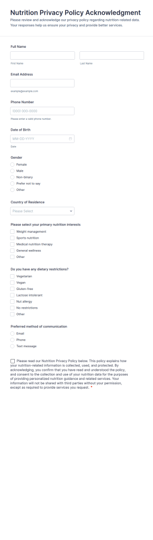 Nutrition Privacy Policy Acknowledgment Form Template