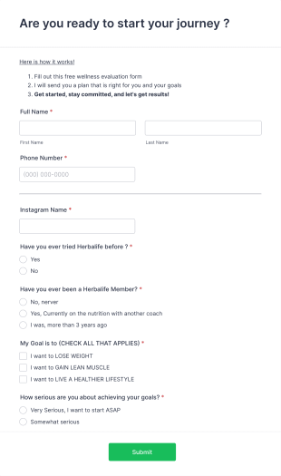 Nutrition Program Customer Registration Form Template