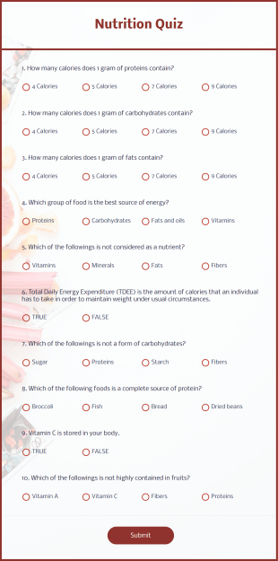 Nutrition Quiz Form Template