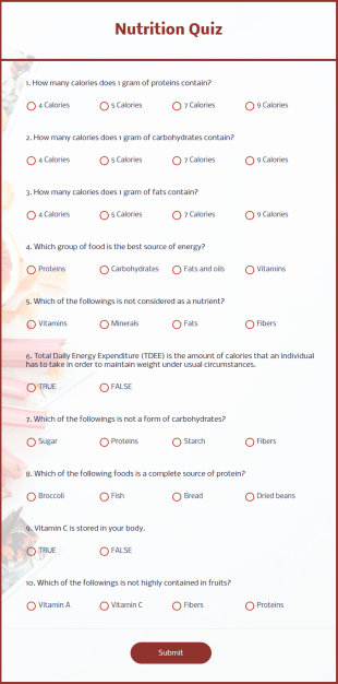 Nutrition Quiz Form Template