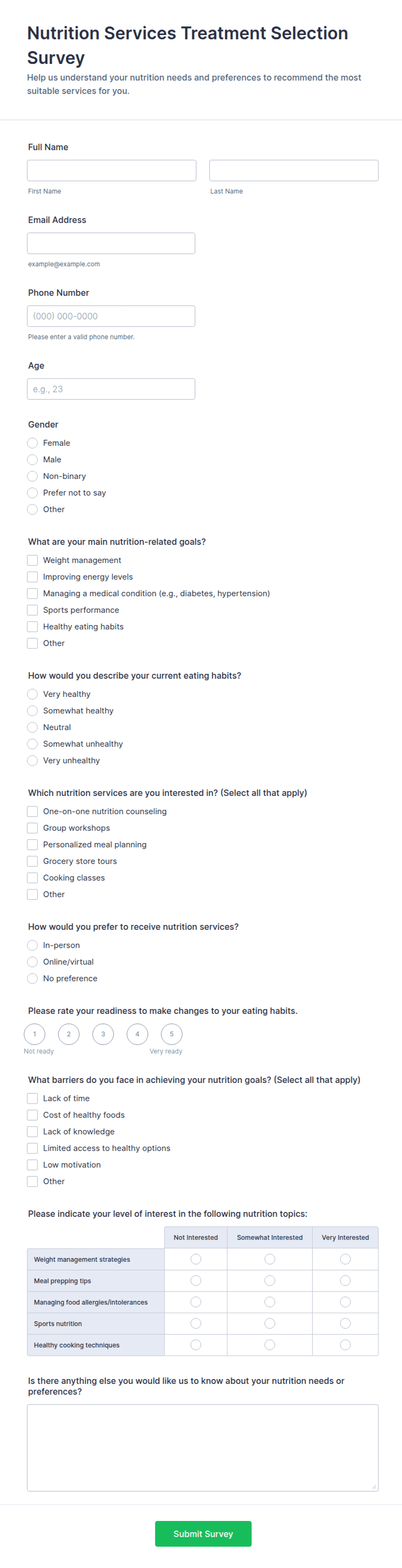 Nutrition Services Treatment Selection Survey Form Template | Jotform