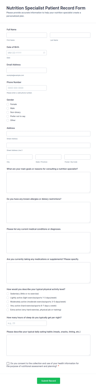 Nutrition Specialist Patient Record Form Template