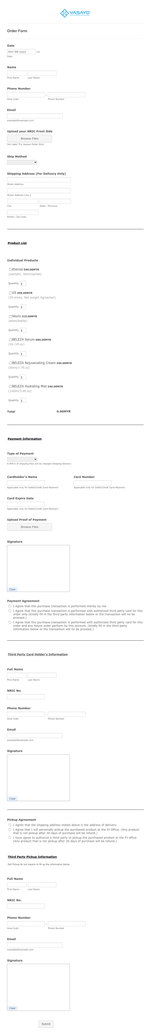 Nutrition Supplement Order Form Template