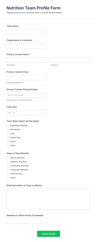 Nutrition Team Profile Form Template