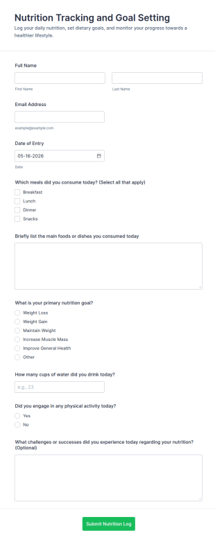 Nutrition Tracking And Goal Setting Form Template