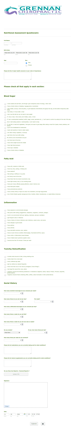 Nutritional Assessment Questionnaire Form Template