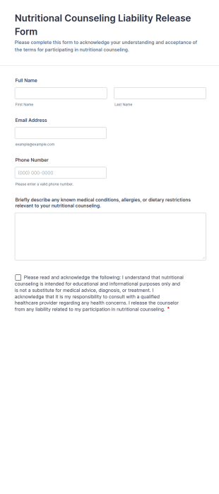 Nutritional Counseling Liability Release Form Template