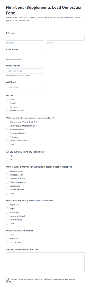 Nutritional Supplements Lead Generation Form Template