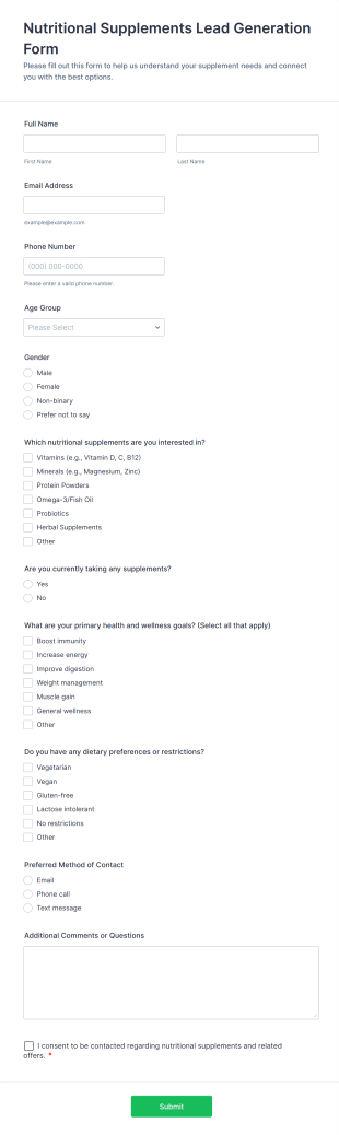 Nutritional Supplements Lead Generation Form Template