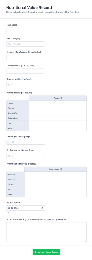 Nutritional Value Record Form Template