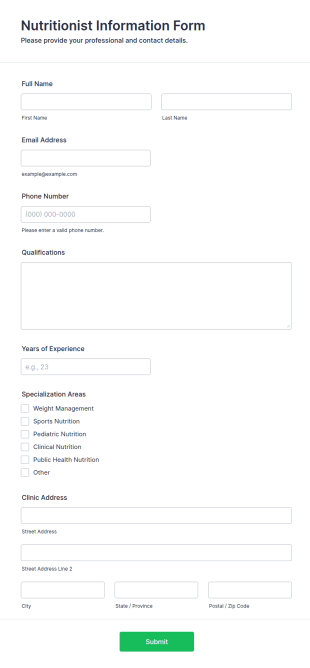 Nutritionist Information Form Template