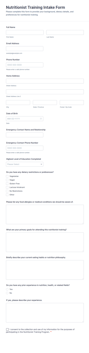 Nutritionist Training Intake Form Template