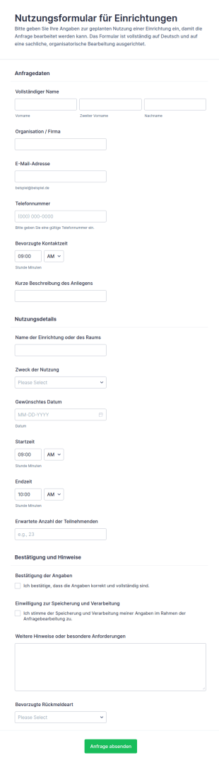 Nutzungsanfrage Für Einrichtungen Form