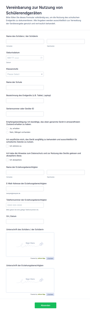 Nutzungsvereinbarung Für Schülerelektronikgeräte Formular