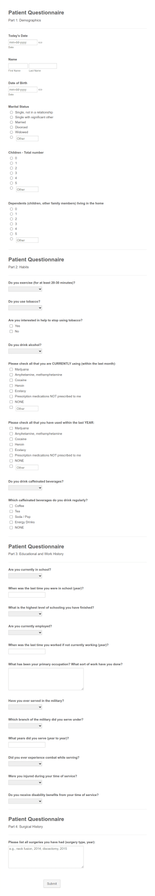 Pain Psych Patient Questionnaire Form Template