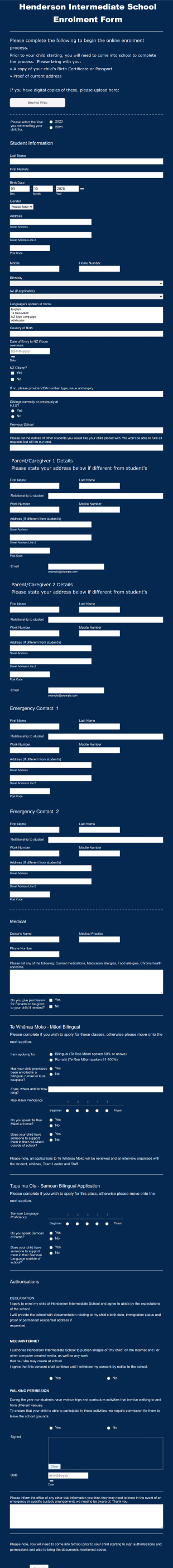 New Zealand School Enrolment Form Template