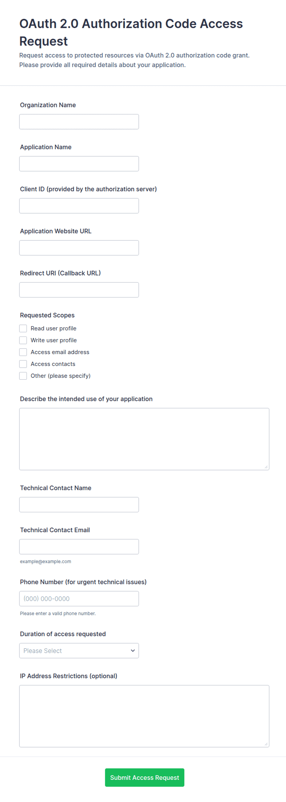 OAuth 2.0 Authorization Code Access Request Form Template | Jotform