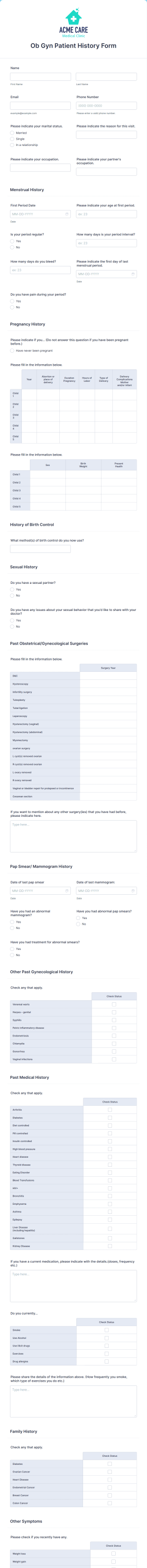 Ob Gyn Patient History Form Template