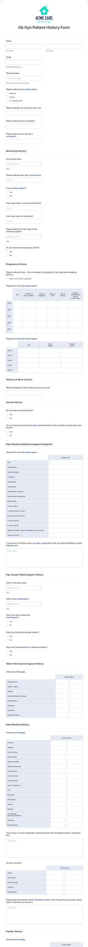 Ob Gyn Patient History Form Template