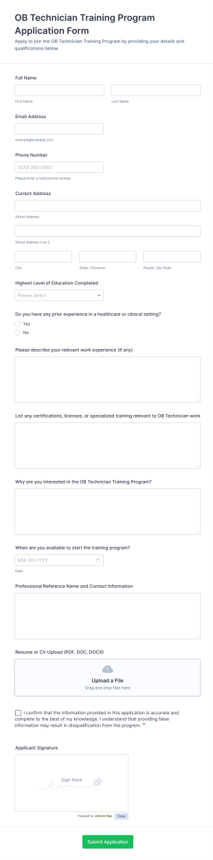 OB Technician Training Program Application Form Template