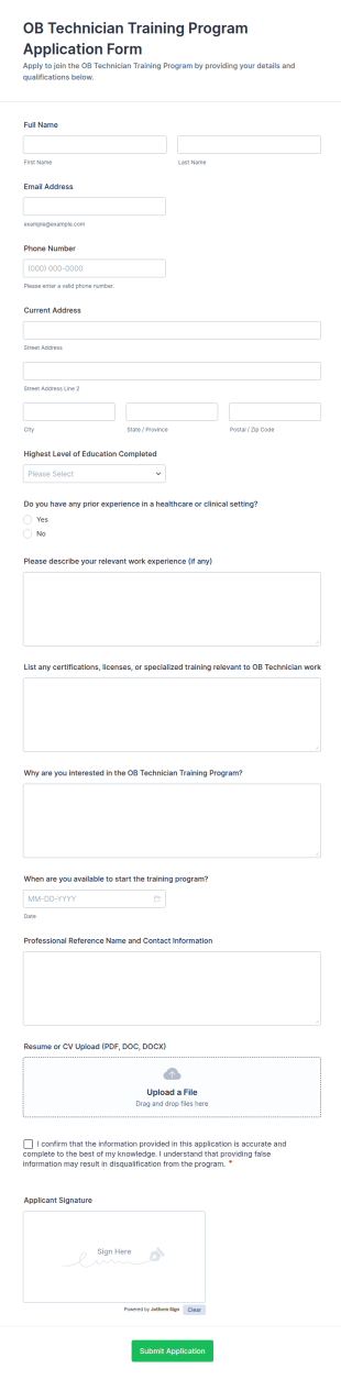 OB Technician Training Program Application Form Template