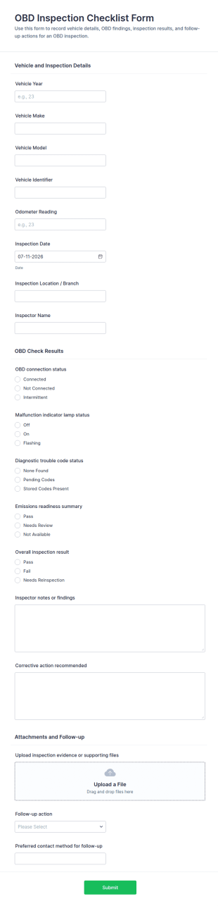 OBD Inspection Checklist Form Template