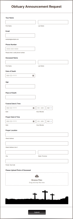 Obituary Announcement Request Form Template