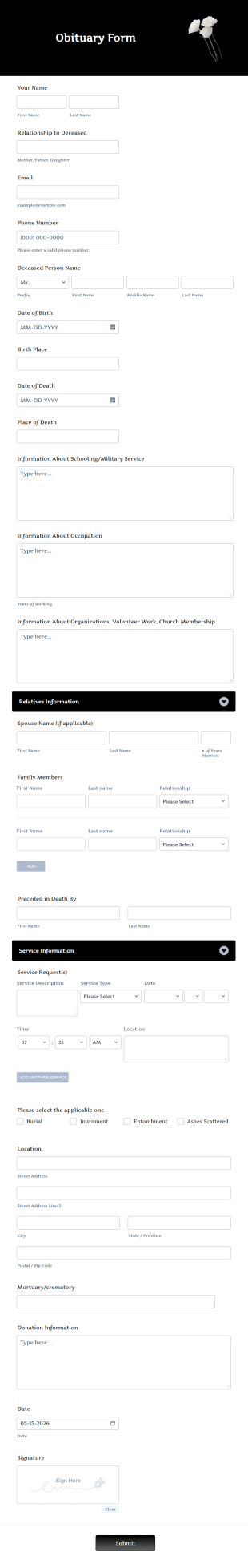Obituary Form Template