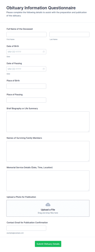 Obituary Information Questionnaire Form Template