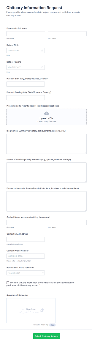 Obituary Information Request Form Template