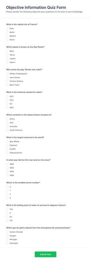 Objective Information Quiz Form Template