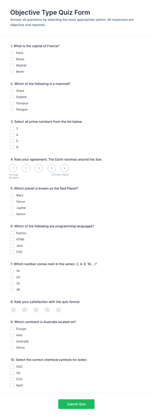 Objective Type Quiz Form Template