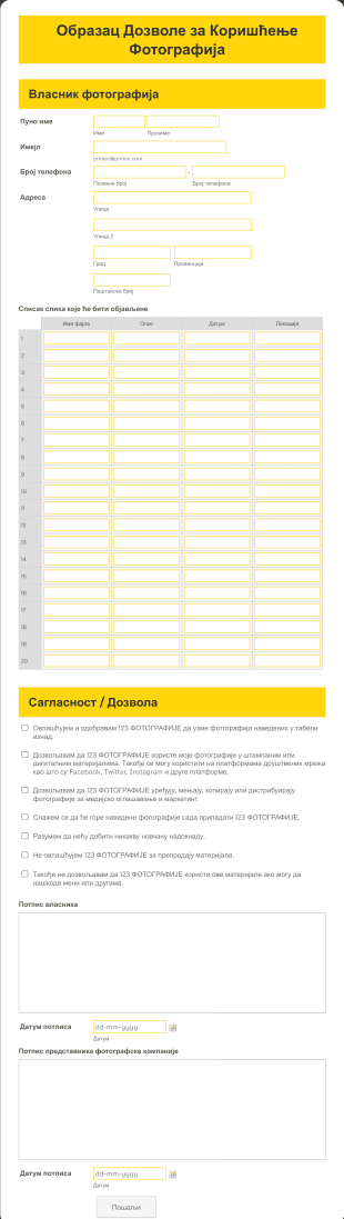 Образац Дозволе за Коришћење Фотографија Form Template