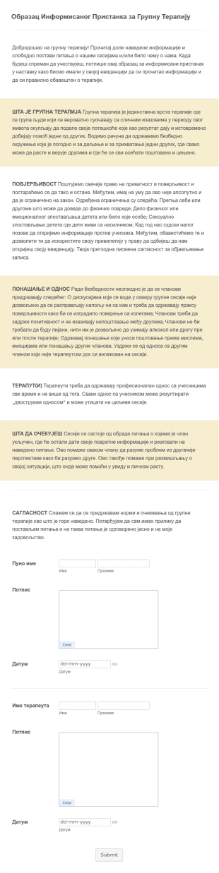 Образац Информисаног Пристанка за Групну Терапију