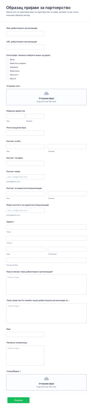 Образац Пријаве за Партнерство са Добротворном Организацијом