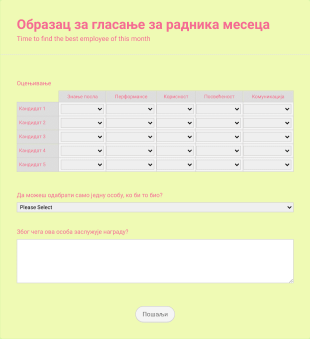 Образац за одабир радника месеца Form Template