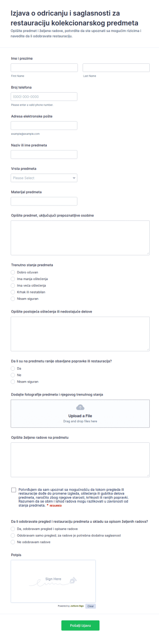 Obrazac Za Odricanje Od Odgovornosti Pri Obnovi Kolekcionarskih Predmeta