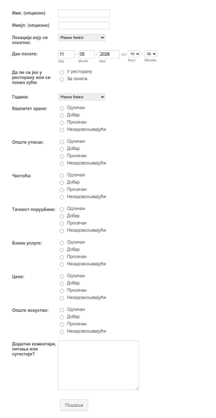 Образац за повратне информације ресторана