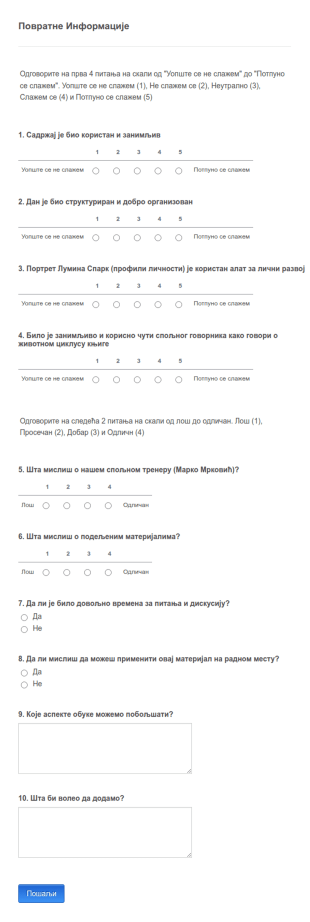 Образац за Повратне Информације о Сесији