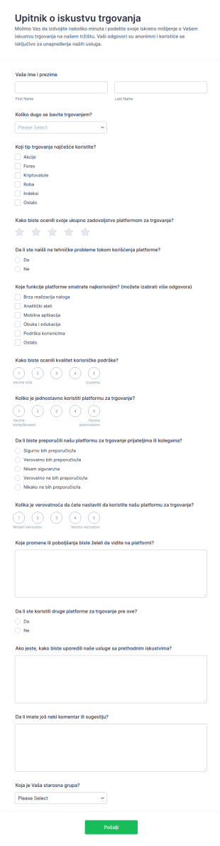 Образац за повратне информације о трговачком искуству