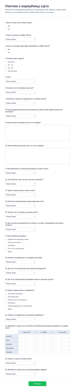 Образац за упитник о коришћењу сајта