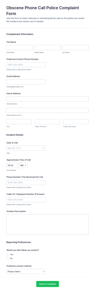 Obscene Phone Call Police Complaint Form Template