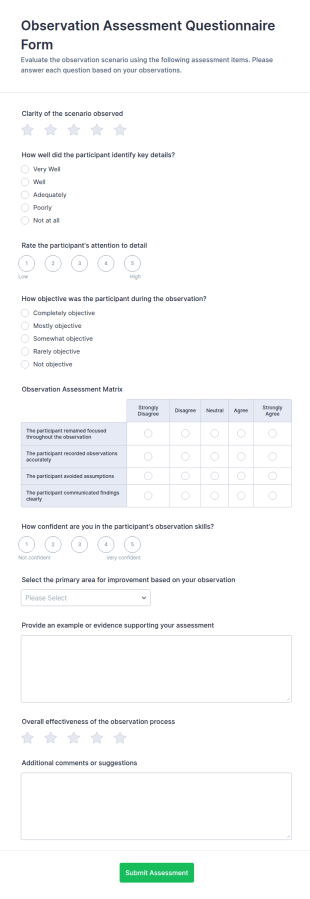 Observation Assessment Questionnaire Form Template