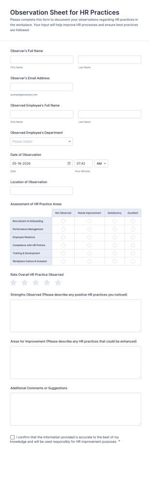 Observation Sheet For HR Practices Form Template
