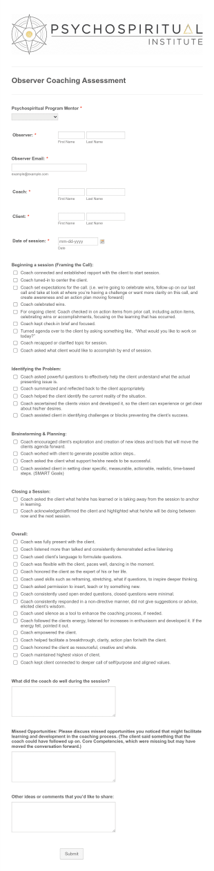 Observer Coaching Assessment Psychosynthesis Form Template