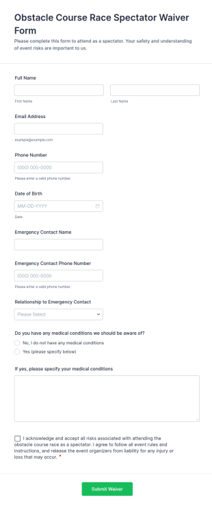 Obstacle Course Race Spectator Waiver Form Template