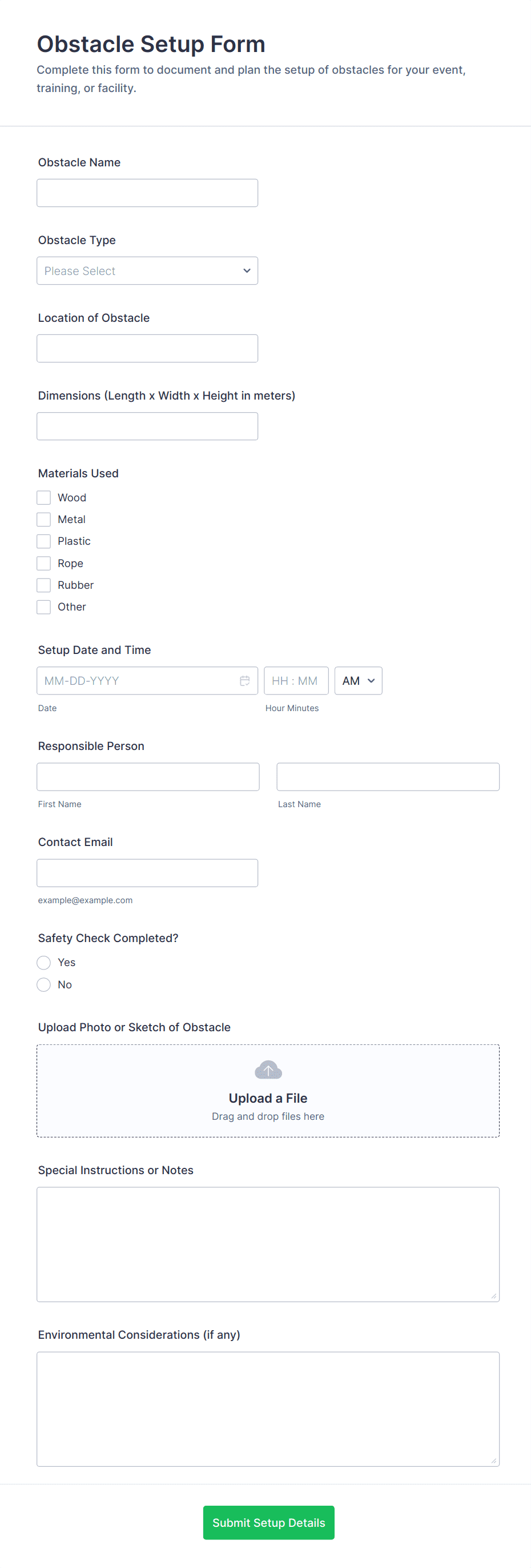 Obstacle Setup Form Template | Jotform
